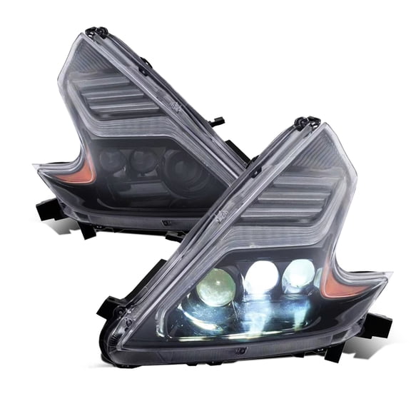 RTMOTO LED Headlights Assembly Compatible with 370Z Z34 2008-2020 3 Lens Triple Projector Hi-low Beam DRL Strips&Amber Sequential Signal Lights