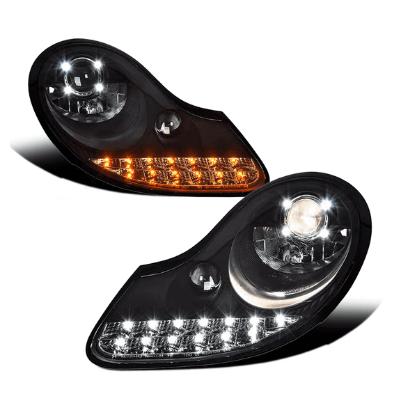 RTMOTO LED Projector Headlamp Headlights Assembly Compatible with Boxster/Boxster S 986 MK1 1996-2004 Hi-Lo Beam Chrome Advanced DRL Strips Amber Signal Lights Black Housing Euro Teardrop Style