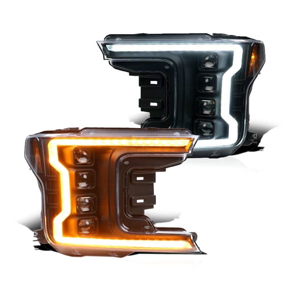 RTMOTO LED Projector Headlights Headlamps Assembly Compatible with F-150 F150 2018-2020 White DRL Strips Amber LED Sequential Turn Signals 4 Lens Stage Hi-Lo Beam Replaces Factory Halogen Headlights