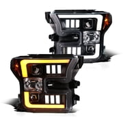 RTMOTO LED Projector Headlights Headlamps Assembly Compatible with F-150 F150 Truck 2015-2017 White DRL Strips Amber LED Sequential Turn Signals 2 Lens Stage Hi-Lo Beam White Tubes