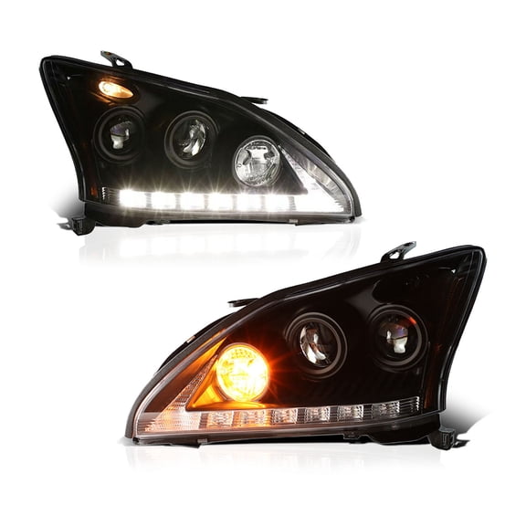 RTMOTO LED Projector Headlights Headlamps Assembly Compatible with Lexus RX330 RX350 XU30 2004-2009 Hi-low Beam Amber Turn Signal DRL Strips Black Housing Euro Style