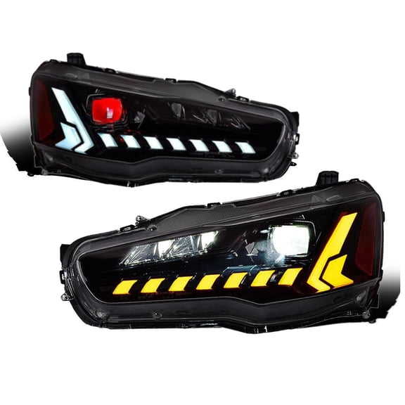 RTMOTO LED Projector Headlights Headlamps Compatible with 08-17 Lancer/EVO X CZ4A CJ CF Evolution Red Devil Eye Halo Hi-Lo Beam Black Housing White Tubes,Direct Replacement,Euro Arrow Style