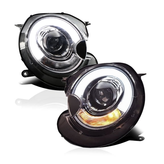 RTMOTO LED Projector Headlights Headlamps Compatible with MINI Gen2 R-Series R55 R56 R57 R58 R59 N12/N14/N18 2007-2013 Hi-Low Beam White Tubes DRL Strip Amber Halogen Turn Signal Light Black Housing