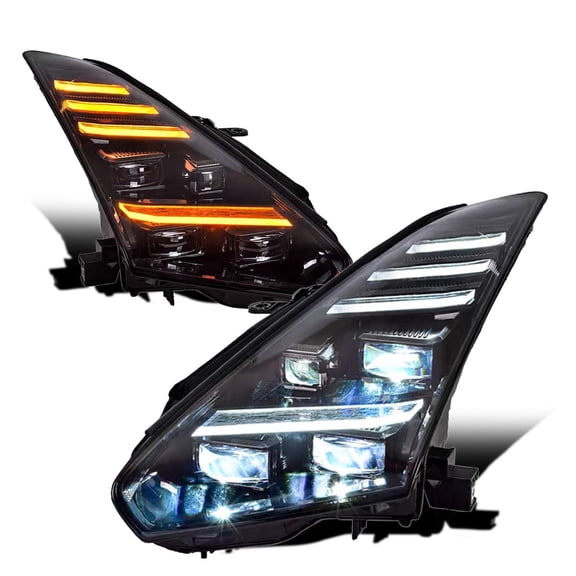 RTMOTO LED Quad-Lens Projector Headlight Headlamp Compatible with 2009-2022 GTR GT-R R35 V6 4 Stage Lens Hi-Lo Beam Projector w/DRL,Amber Turn Signal Lights Black Housing Laser Type