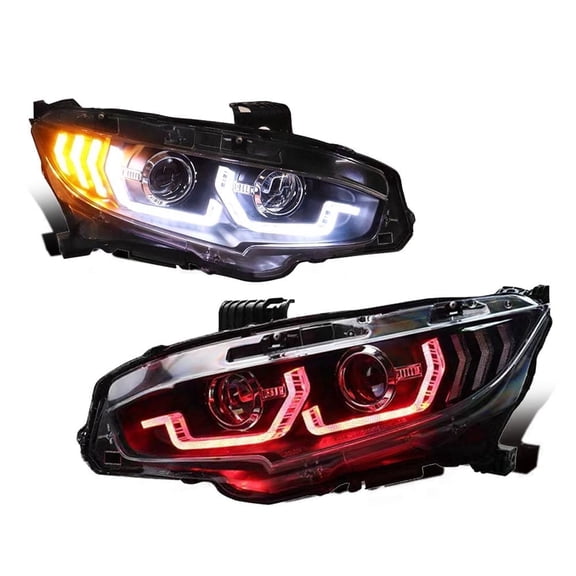 RTMOTO fit for 16-21 Civic X FC/FK/TYPE R All Model Gen2 Dynamic LED  Turn Signal Dual Crystal U-Halo Projector w/Red Welcome Breathing Starts Xeon Headlight Lamp