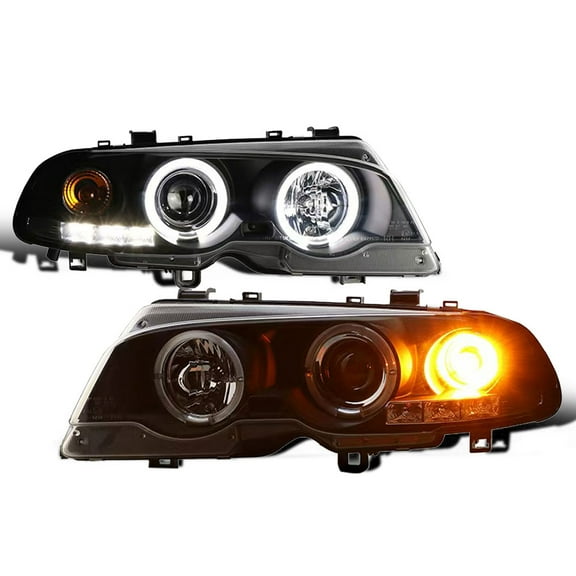 RTMOTO fit for 02-05 BMW E46 3-Series 325i 330i 2DR Coupe Halo Projector LED DRL Hi-Lo Beam Headlights Lamp w/Halogen Turn Signal Inner Matte Black
