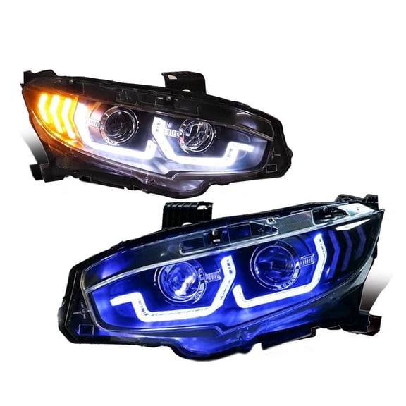RTMOTO fit for 16-21 Civic X All Model Gen2 Dynamic LED  Turn Signal Dual Crystal U-Halo Projector Xeon Headlight Lamp