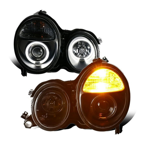 RTMOTO fit for 98-01 Mercedes W210 Sedan Package Advanced Optic LED Dual Halo Projector Headlights Halogen Signals Headlamps Inner Black/Clear