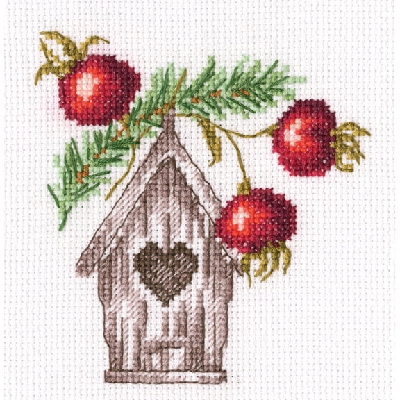 Wizardi Counted Cross Stitch Kit Nesting Box EH375 Birdhouse Design, 14ct White Zweigart Aida DMC 15 Colors Floss, Needle, Chart, 4.13x4.33 Kit for Adult RTO