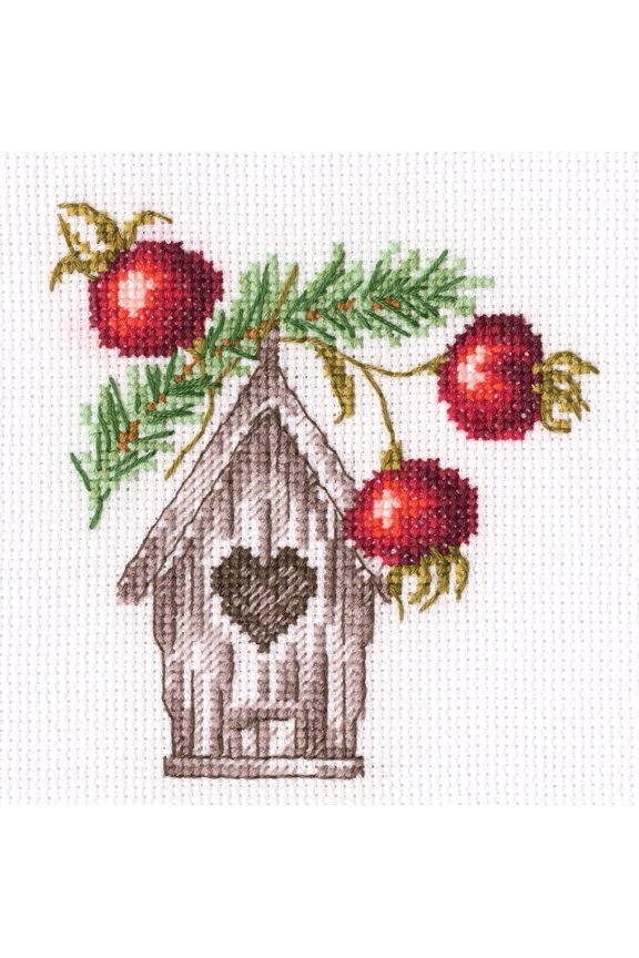 Counted Cross Stitch Kit Nesting Box EH375 Birdhouse Design, 14ct White Zweigart Aida DMC 15 Colors Floss, Needle, Chart, 4.13x4.33 Kit for Adult RTO