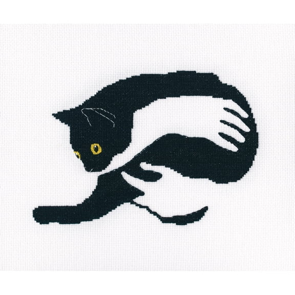 Wizardi Counted Cross Stitch Kit "Among Black Cats" M669 Black Cat Held in Hands, 16ct White Zweigart Aida DMC 3 Colors Floss, Needle, Chart, 8.07x5.51" Kit for Adult RTO