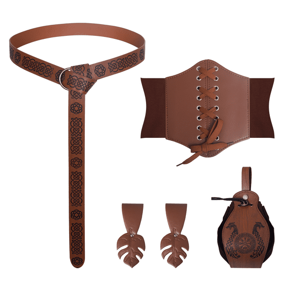 RTOPDS 5 PCS Renaissance Medieval Accessories-Renaissance Corset-Belt Pouch-Viking Belt & Hook Strap for Halloween LARP Cosplay (Brown)