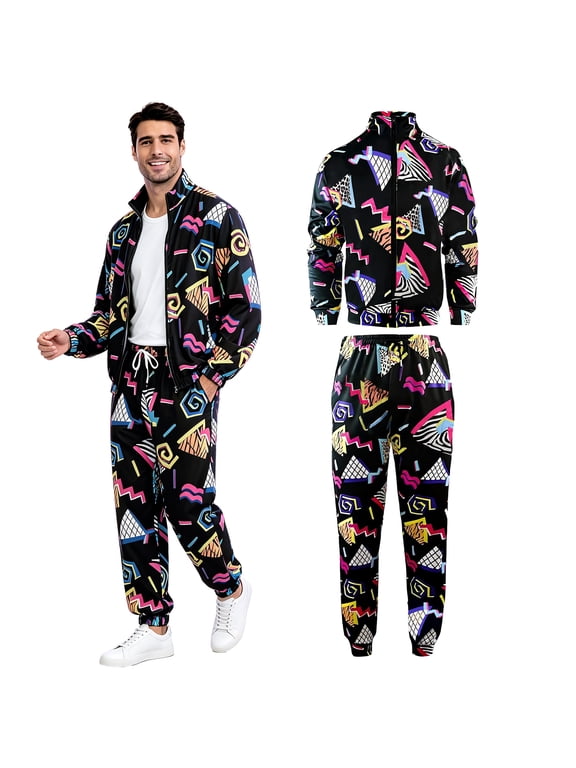 80s 90s Outfit for Men Neon Track Suit Jacket and Pants Set for Halloween Hip-Hop Halloween Parties