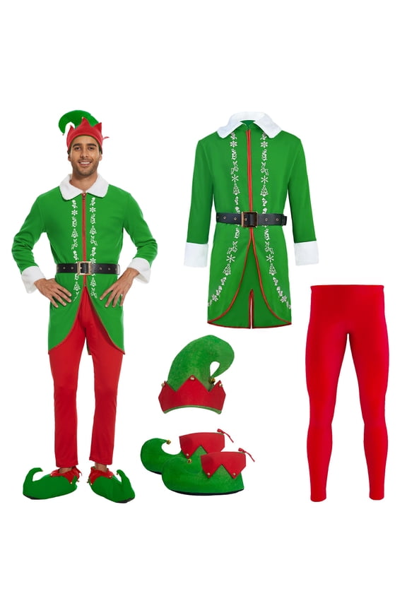 Adult Elf Christmas Costume Set,Halloween Elf Costume for Men,Full Set With Accessories,M