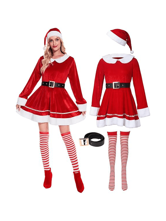 Adult Women's Christmas Mrs Claus Costume with Belt Hat Stockings (2XL)