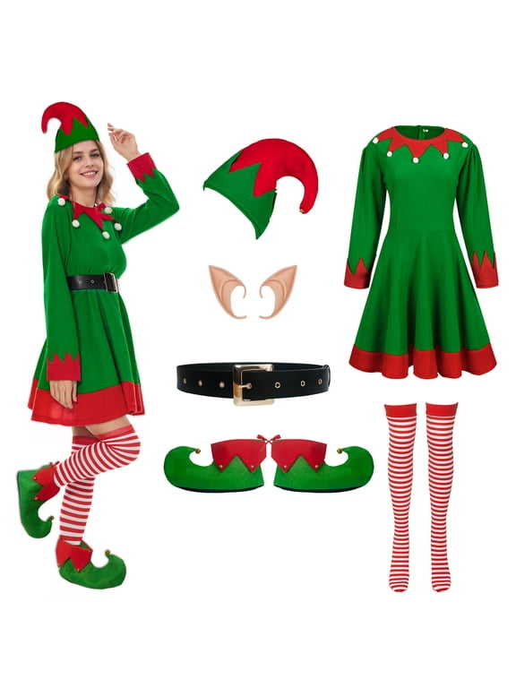 Elf Costume for Women,6-Piece Christmas Costume for Women with Elf Dress Hat Ears Belt Shoes and Socks,2XL