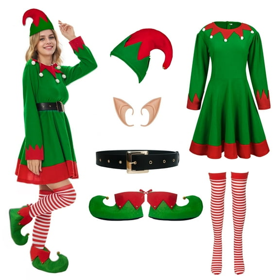 RTOPDS Elf Costume for Women,6-Piece Christmas Costume for Women with Elf Dress Hat Ears Belt Shoes and Socks,L