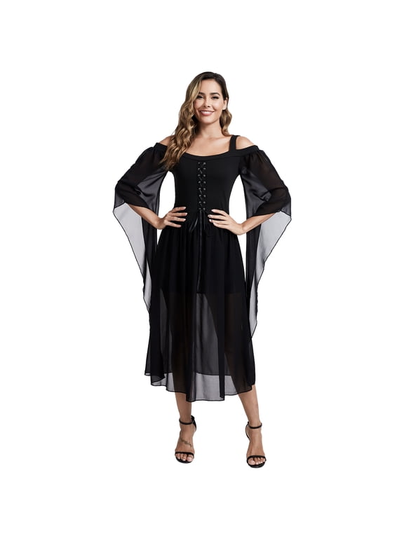 Medieval Dress for Women,Renaissance Witch Vintage Gothic Dress with Trumpet Sleeves for Halloween Party (2XL)