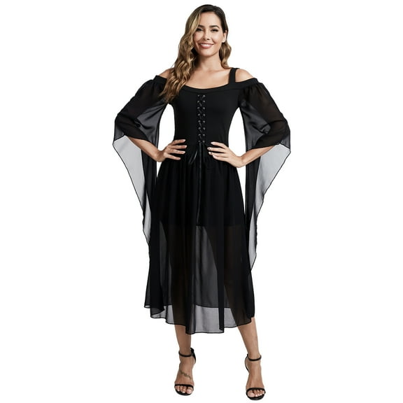 RTOPDS Medieval Dress for Women,Renaissance Witch Vintage Gothic Dress with Trumpet Sleeves for Halloween Party (S)