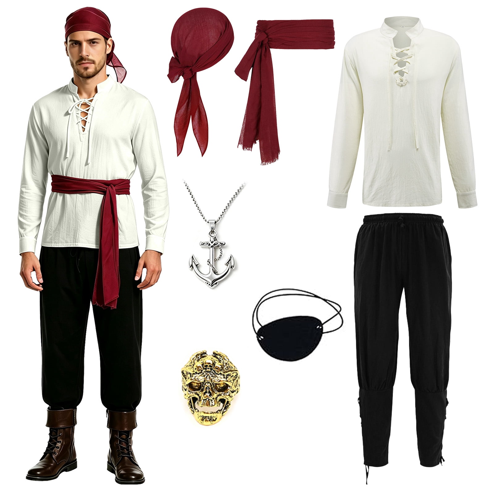 RTOPDS Mens Medieval Pirate Costume Renaissance Shirt Pants with Pirate ...
