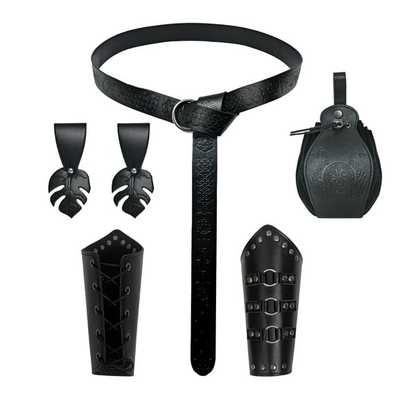 RTOPDS Renaissance Belt Pouch-Medieval Viking Belt-Leather Bracers & Hook Strap ,6 PCS Renaissance Medieval Accessories for Halloween LARP Cosplay (Black)