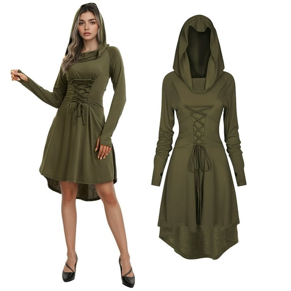 RTOPDS Renaissance Costume Women,Medieval Dress Hooded Robe Lace Up Halloween Costume for Womens(Army green,M)