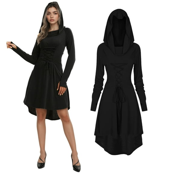 RTOPDS Renaissance Costume Women,Medieval Dress Hooded Robe Lace Up Halloween Costume for Womens(Black,S)