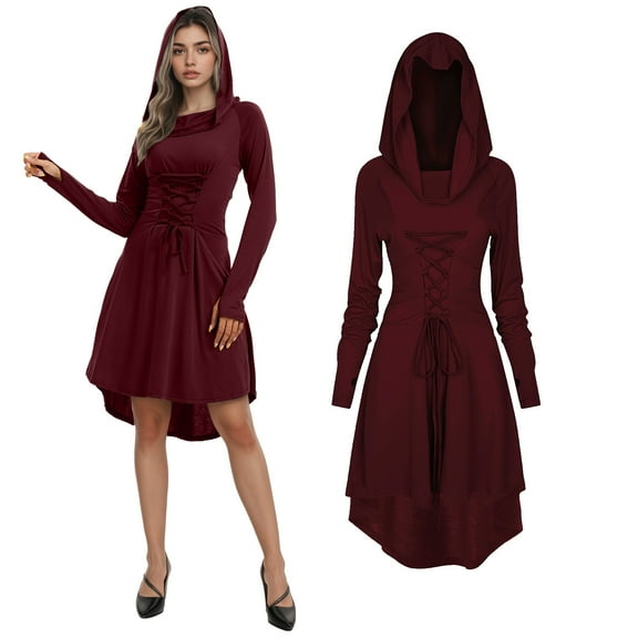 RTOPDS Renaissance Costume Women,Medieval Dress Hooded Robe Lace Up Halloween Costume for Womens(Wine red,2XL)