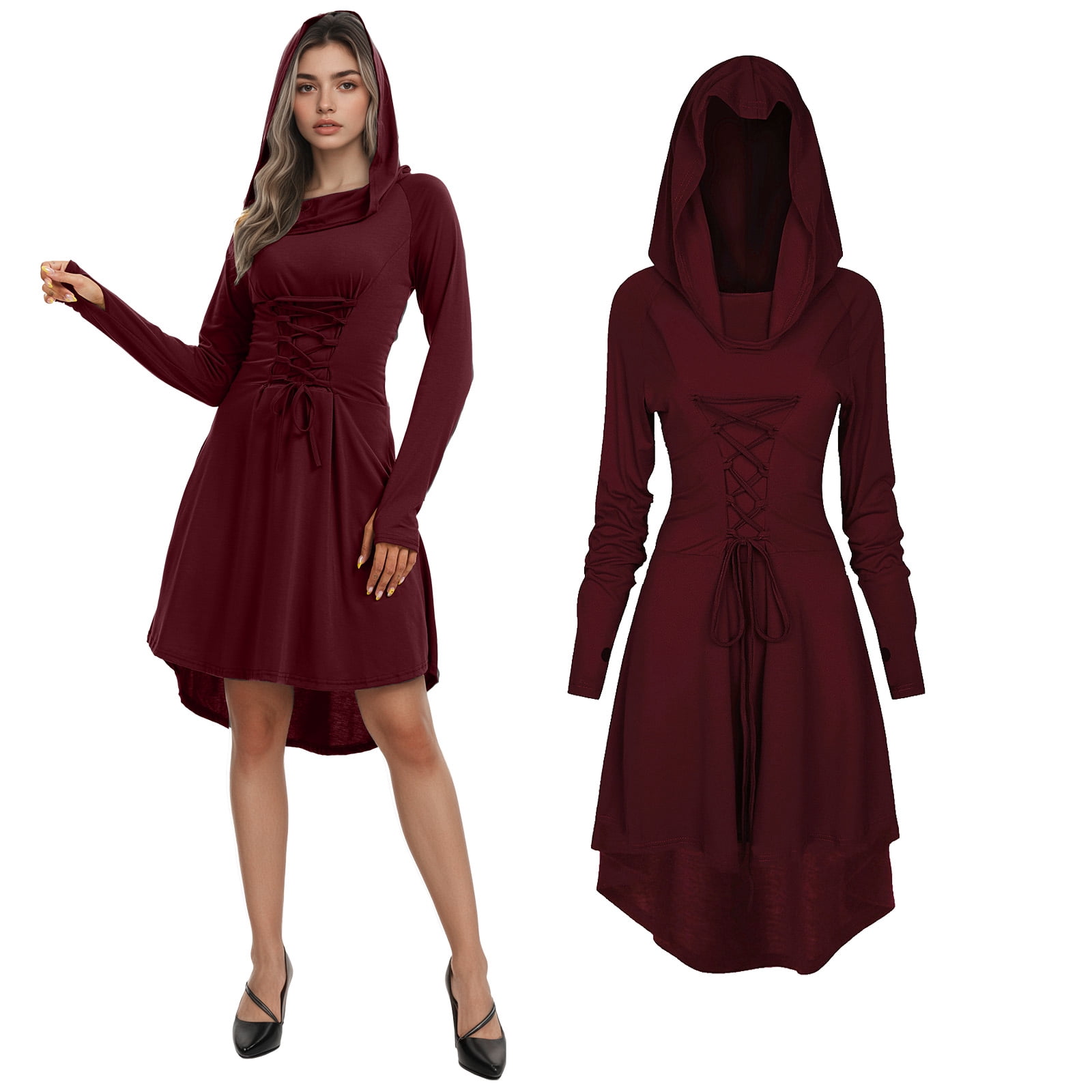 RTOPDS Renaissance Costume Women,Medieval Dress Hooded Robe Lace Up ...