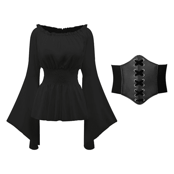 RTOPDS Renaissance Peasant Blouses for Women Pirate Costume with Corset Waist Belt Halloween Cosplay Costume (Black,L)