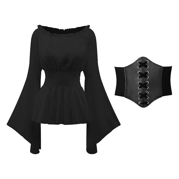 RTOPDS Renaissance Peasant Blouses for Women Pirate Costume with Corset Waist Belt Halloween Cosplay Costume (Black,XS)