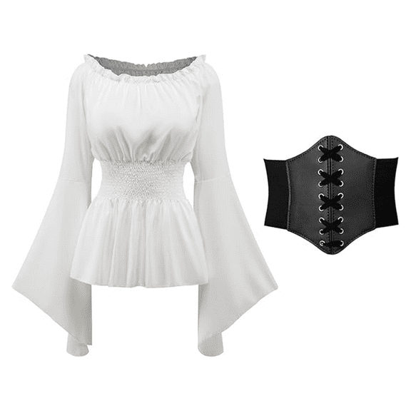 RTOPDS Renaissance Peasant Blouses for Women Pirate Costume with Corset Waist Belt Halloween Cosplay Costume (White,XL)