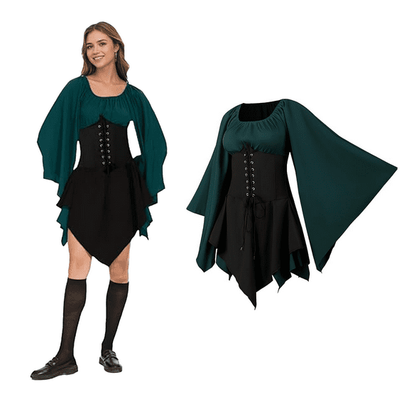 RTOPDS Women Elf Renaissance Medieval Dress Traditional Irish Fairy Viking Costume for Halloween Cosplay (XL)