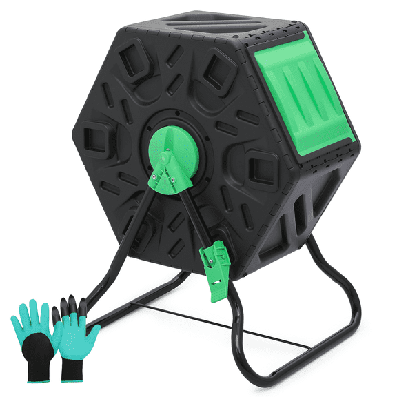 RTRWDC 17 Gallon Compact Compost Bin - Single Chamber Tumbling Composter with Glove & Sliding Door, BPA-Free PP & Steel, Black+Green for Garden/Yard