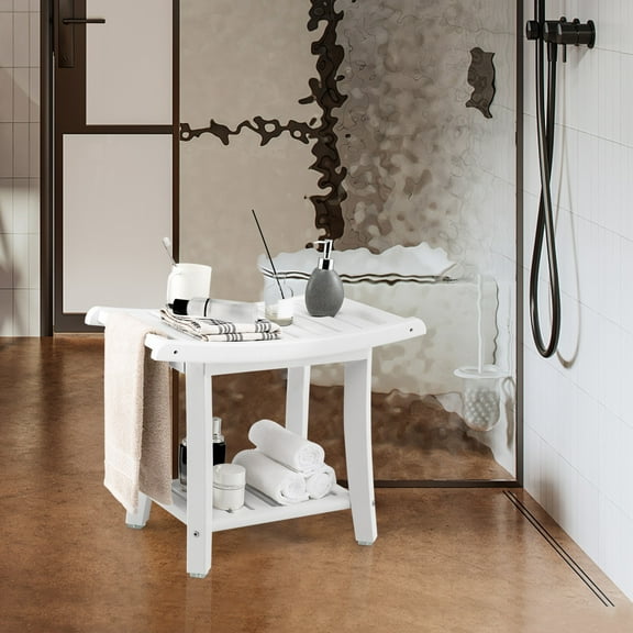 RTRWDC 24 inch double-layer shower bench - milky white HDPE material waterproof and non slip curved seat+side handle top 330 pounds load-bearing suitable for bathrooms/swimming pools/saunas