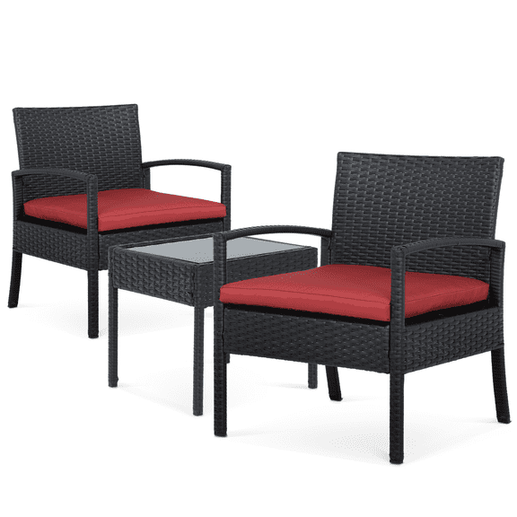 RTRWDC 3 PCS Outdoor Rattan Furniture Set, Red&Black PE Rattan Single Chairs with Tempered Glass Square Table, Patio Bistro Furniture for Garden Terrace Cafe