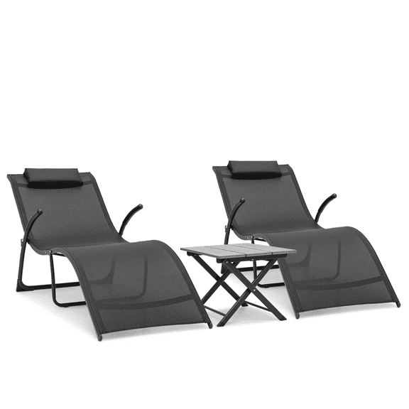 RTRWDC 3 Pieces Outdoor Zero Gravity Chair Set, 2 Black Textilene Lounge Chairs with Foldable Side Table, Weather-Resistant Reclining Chairs for Beach Patio Poolside