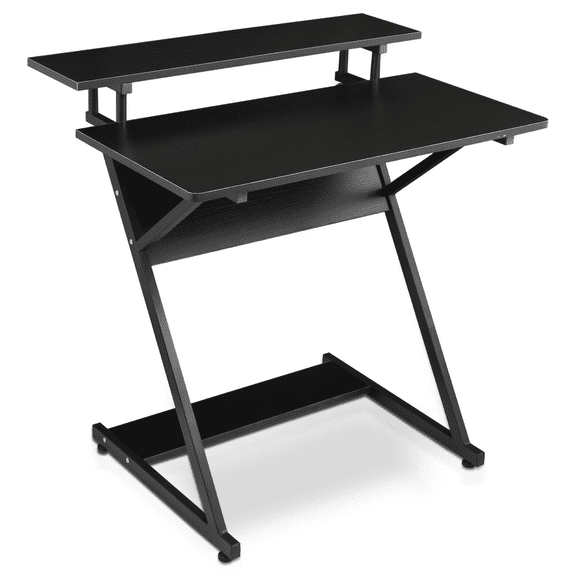 RTRWDC 31.5" Z-Shape Gaming Computer Desk with Monitor Shelf, MDF & Iron Frame Home Office Workstation, Black Computer Table with Keyboard Tray & Bottom Storage Shelf