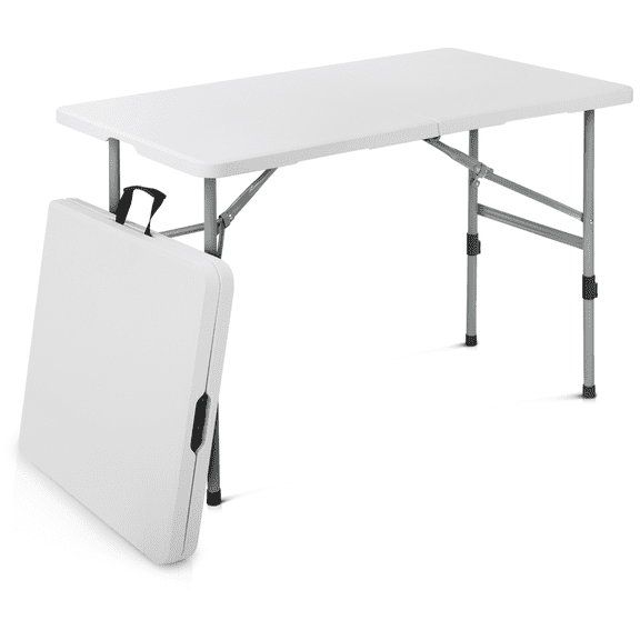 RTRWDC 4-foot white foldable plastic card table with adjustable feet and handles suitable for camping, picnicking, indoor courtyard