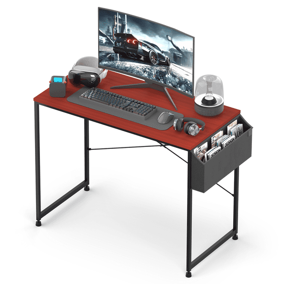 RTRWDC 40" Teak Color Computer Desk - Iron Frame, MDF Tabletop, X-Shaped Reinforcement & Fabric Storage Bag, Adjustable Foot Pads, Home Office Gaming Desk