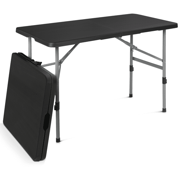 RTRWDC 4ft Black Indoor Outdoor Foldable Plastic Card Table, Portable Adjustable Legs with Handle, Steel Frame, Anti-Slip for Camping Picnic Party