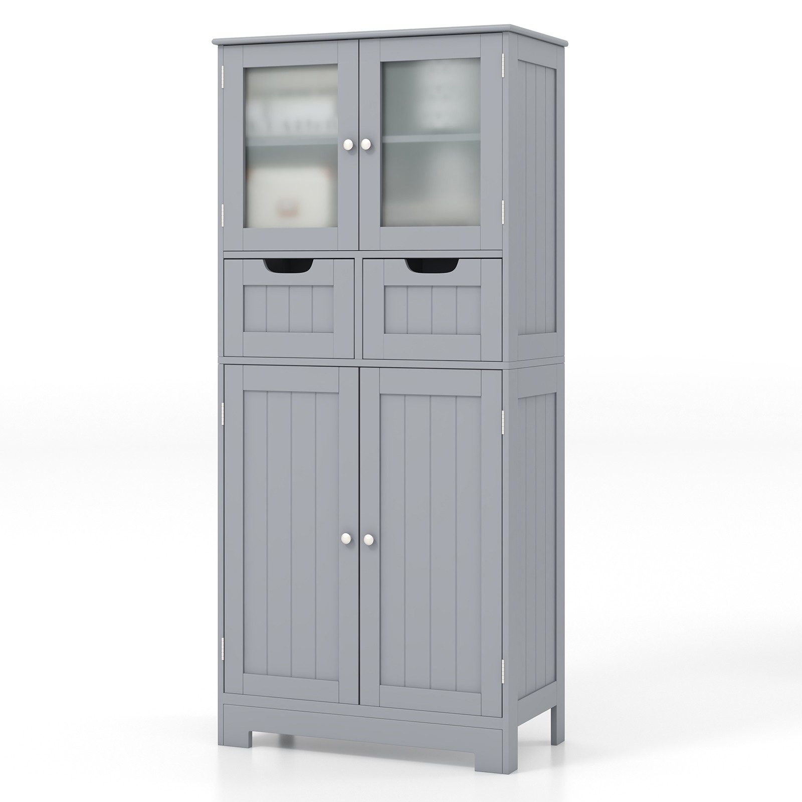 RTRWDC Furniture Gray 4-Door Floor to ceiling Storage Cabinet with Tempered Glass Doors and 2 Drawers Adjustable Layer Board Anti dumping Waterproof High Foot Compatible Bathroom