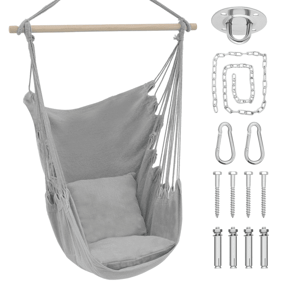 RTRWDC Macrame Patio Hammock Chair, Hanging Rope Swing Chair with Removable Cushion & Side Pocket, Metal Frame Cotton Rope Lounge Chair for Indoor & Outdoor Use