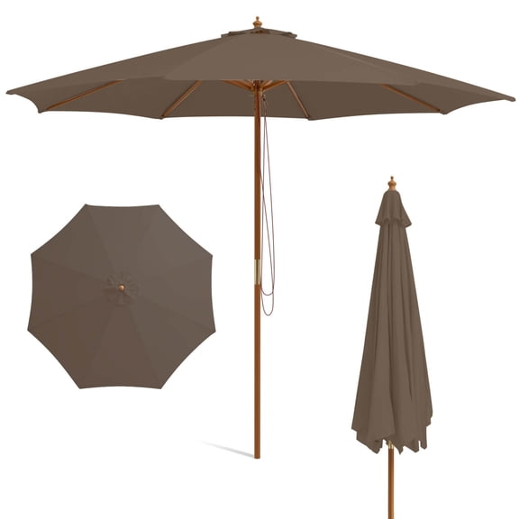 RTRWDC Outdoor Furniture 10 Foot Coffee Wood Outdoor Sunscreen Umbrella 180G Polyester Waterproof Sunscreen Umbrella 8 Bamboo Bone Support Rope Pulley Open and Close 3-speed