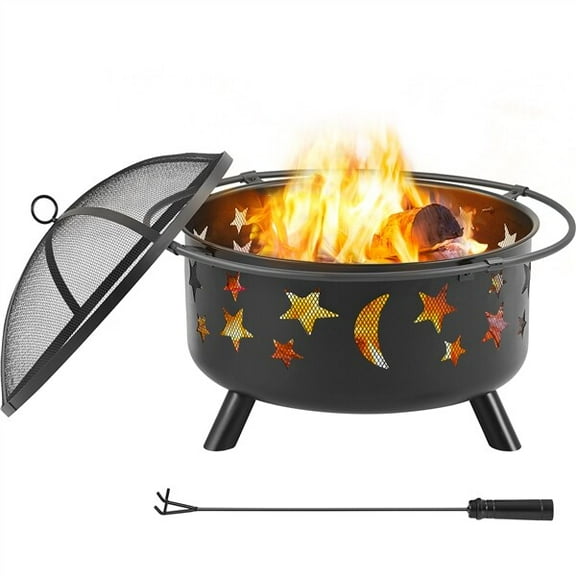 RTRWDC Round Metal Fire Pit - 30.5 Inch, High-Temperature Coating, Star & Moon Cutouts, W/ Spark Screen & Fire Poker, Suitable for Patio/Yard/Outdoor Leisure