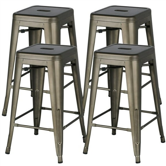 RTRWDC Set of 4 24'' Backless Stackable Metal Bar Stools Gunmetal Grey Full Iron Material 15.7"L 15.7"W 24"H with Protective Footpads X-bracket for Kitchen/Bar/Indoor-Outdoor