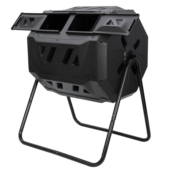 RTRWDC black 43 gallon dual bin composting bin - made of PP+steel material, UV resistant, suitable for balconies/terraces (28.5 inches long x 25 inches wide x 37 inches high, 22 pounds)