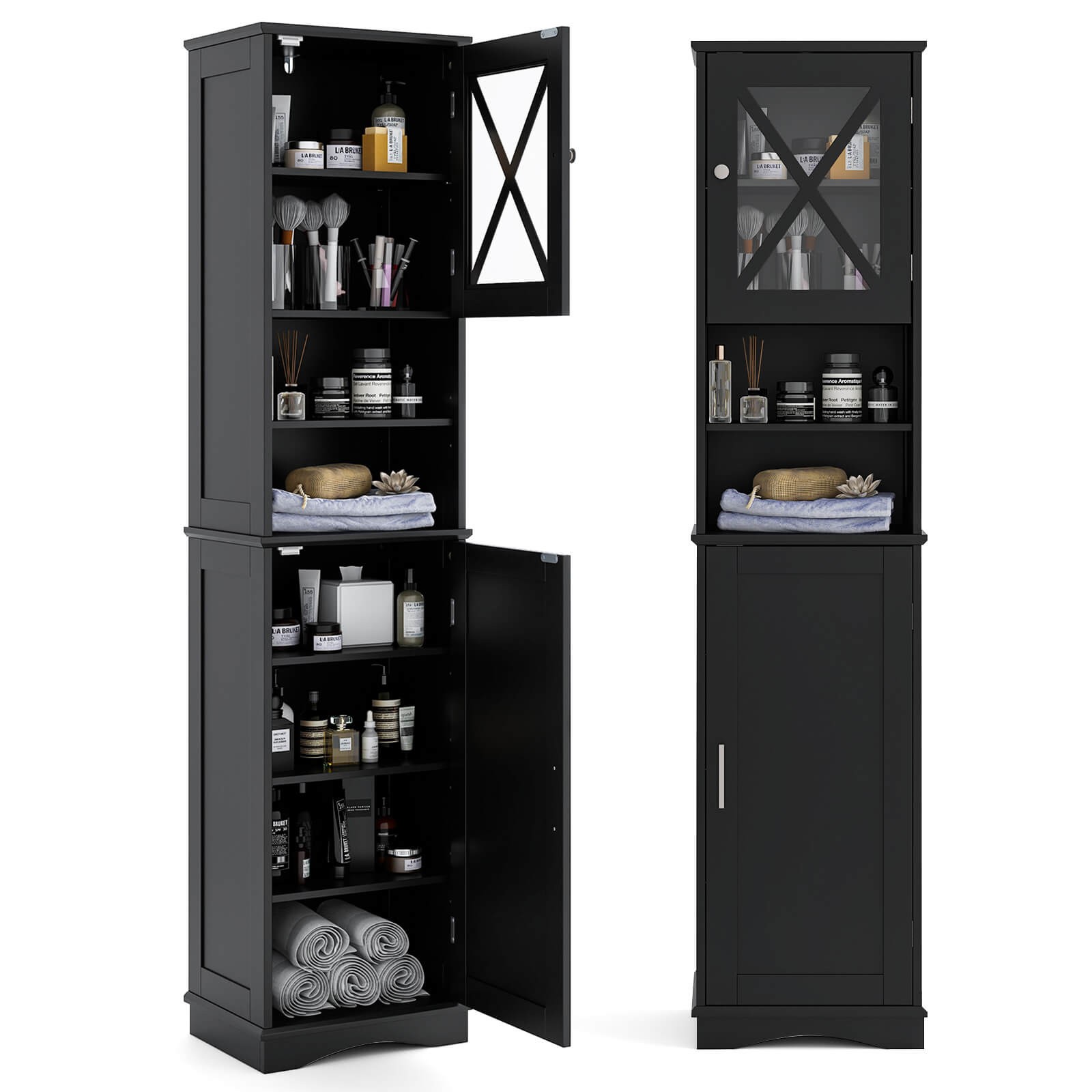 RTRWDC black bathroom floor cabinet -2 open+2 enclosed storage areas, 5 adjustable shelves, waterproof acrylic+MDF anti tilt chamfer cabinet (15.5  12  67 inches)