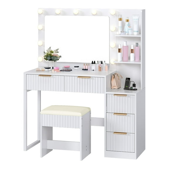 RTRWDC dressing table with light mirror and power plug board, groove design. Modern dressing table with 5 drawers and chairs - made of engineered wood materialWhite