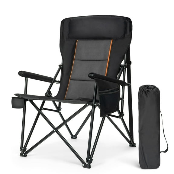 RTRWDC heavy-duty folding camping chair with a 500 pound load-bearing widened seat, high back straps, cup holder, and side pockets, weighing 11.13 pounds. It is a lightweight